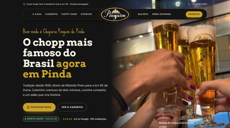 Página inicial do site Choperia Pinguim