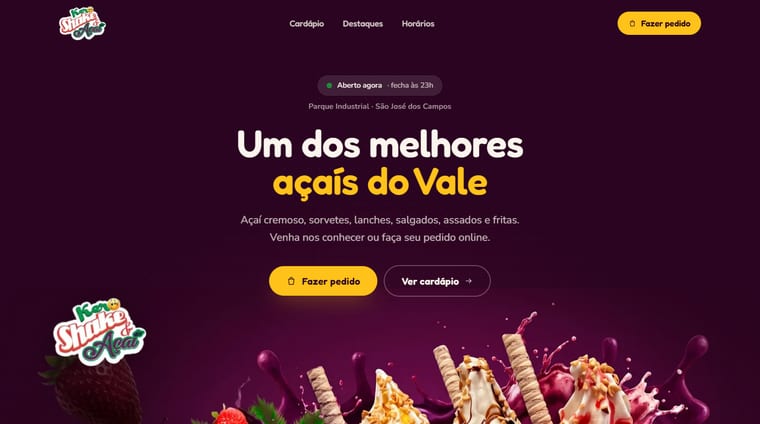 Página inicial do site Kero Shake e Açaí